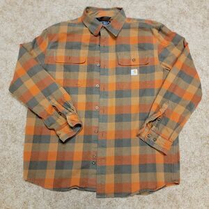 Carhartt Mens Large Loose Fit Heavyweight Flannel Shirt Plaid Brown Red Workwear